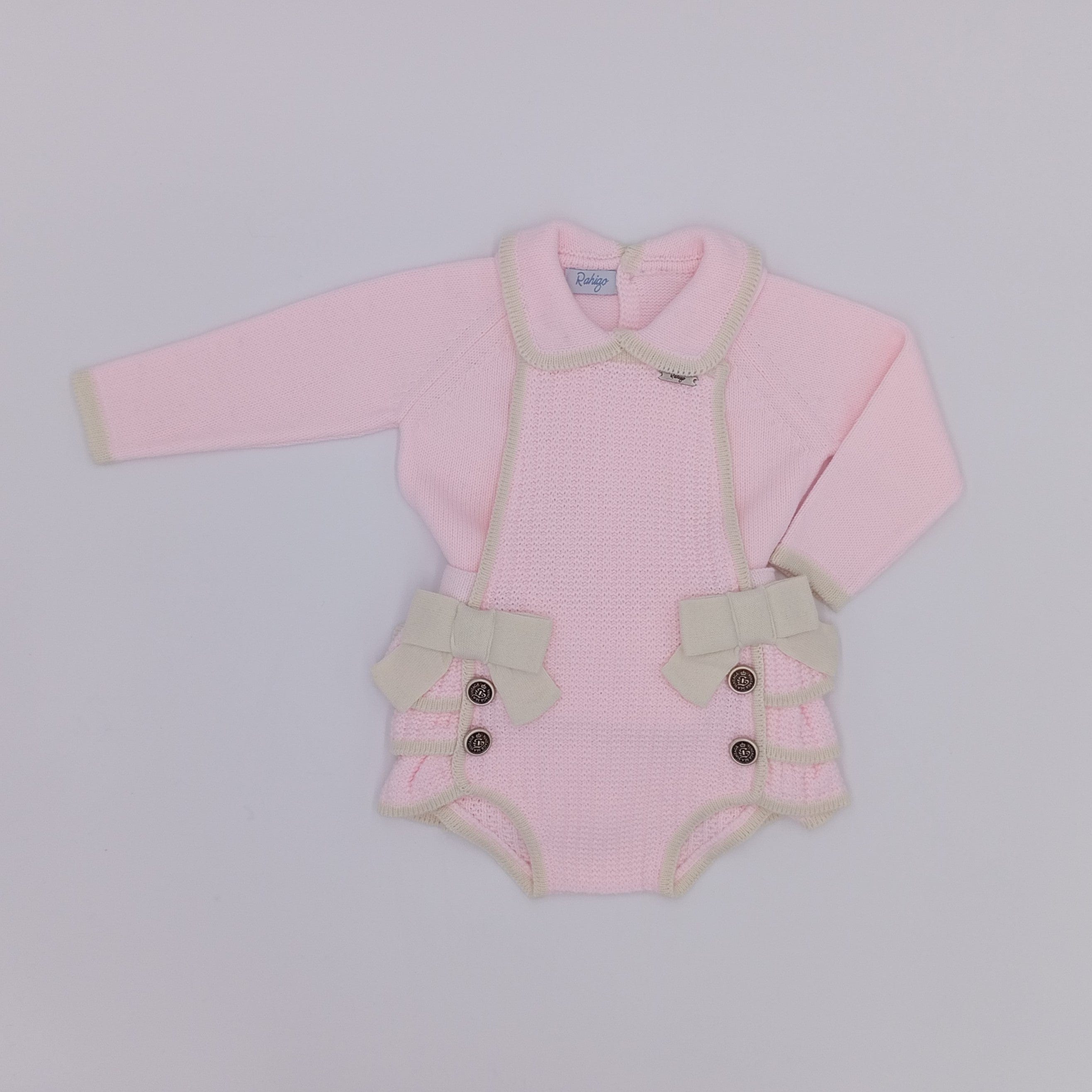 Rahigo - Three Piece Cream Trim Pinafore Set  -  Baby Pink