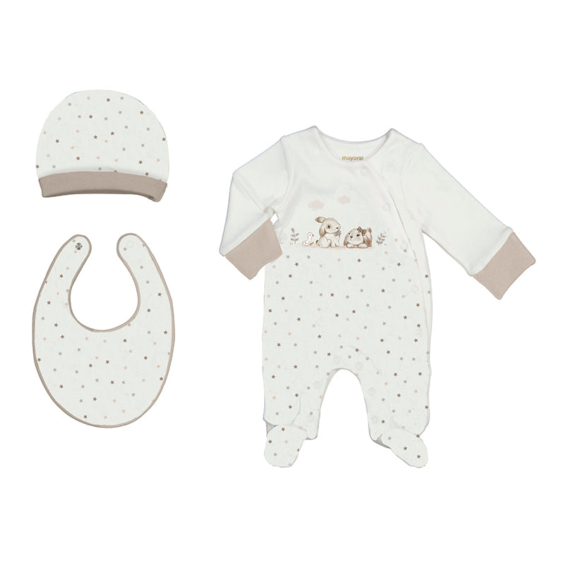 MAYORAL - Bunny Gift Set Babygrow With Hat & Bib - Natural