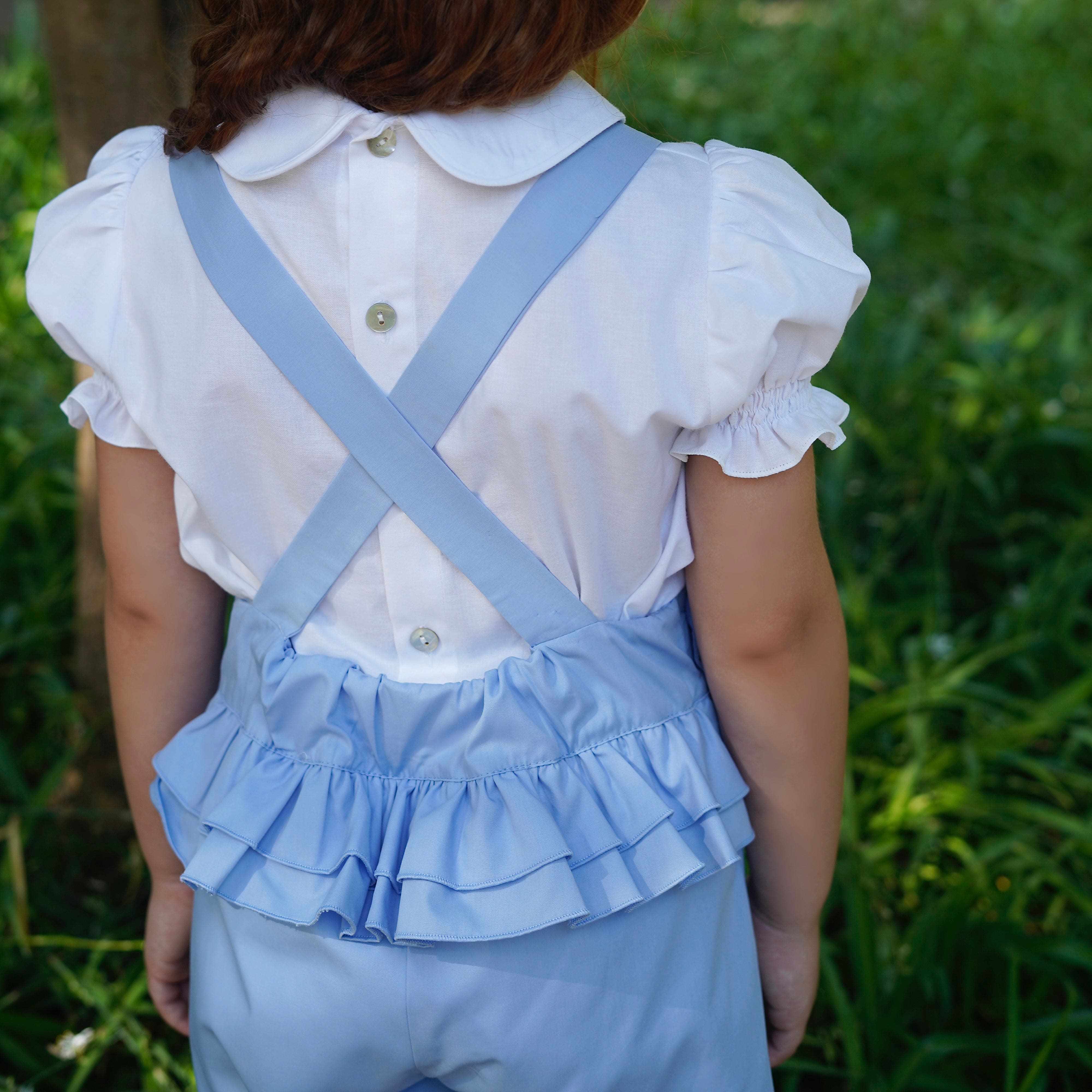 BABINE - Bow Ruffle Pinafore Playsuit & Blouse   - Blue