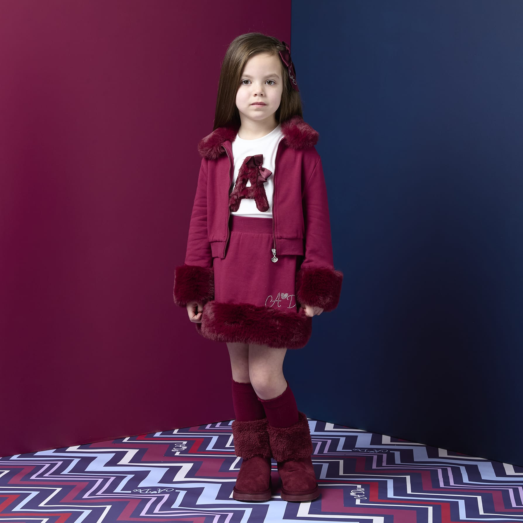 A DEE - Chevron Charm Audrey Fur Trim Bomber - Deep Cherry
