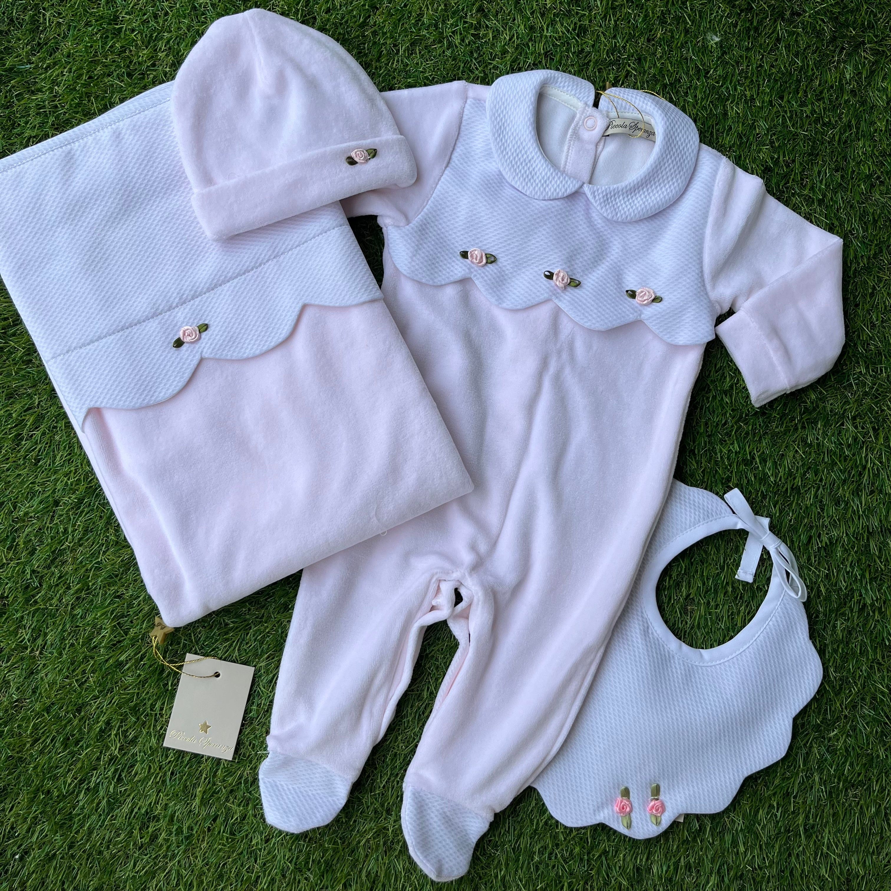 Piccola Speranza -Rose Bud Velour Baby Layette Four Piece Set- Pink