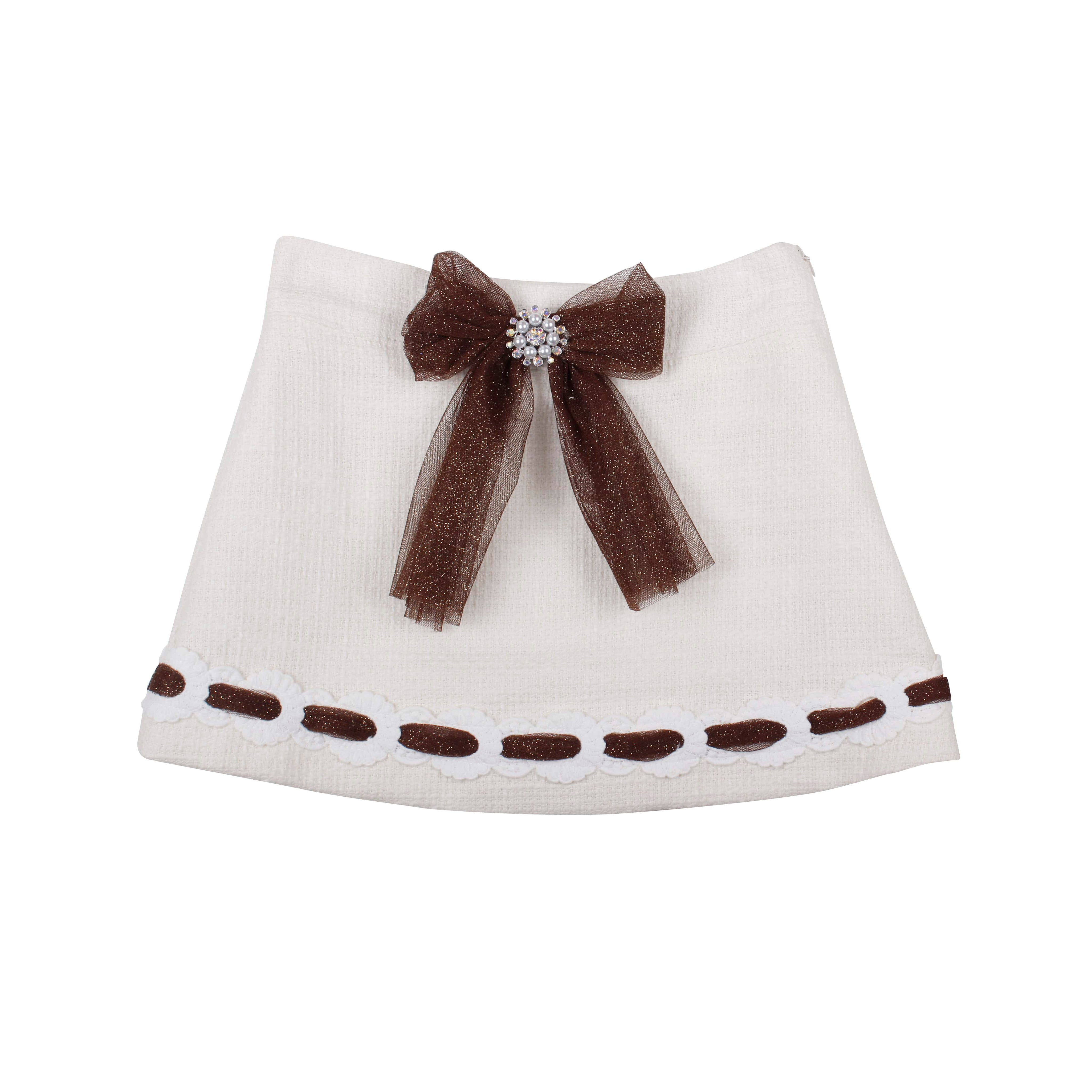 NAXOS - Tweed Four Piece Skirt Set With Chocolate Brown Trim - Cream