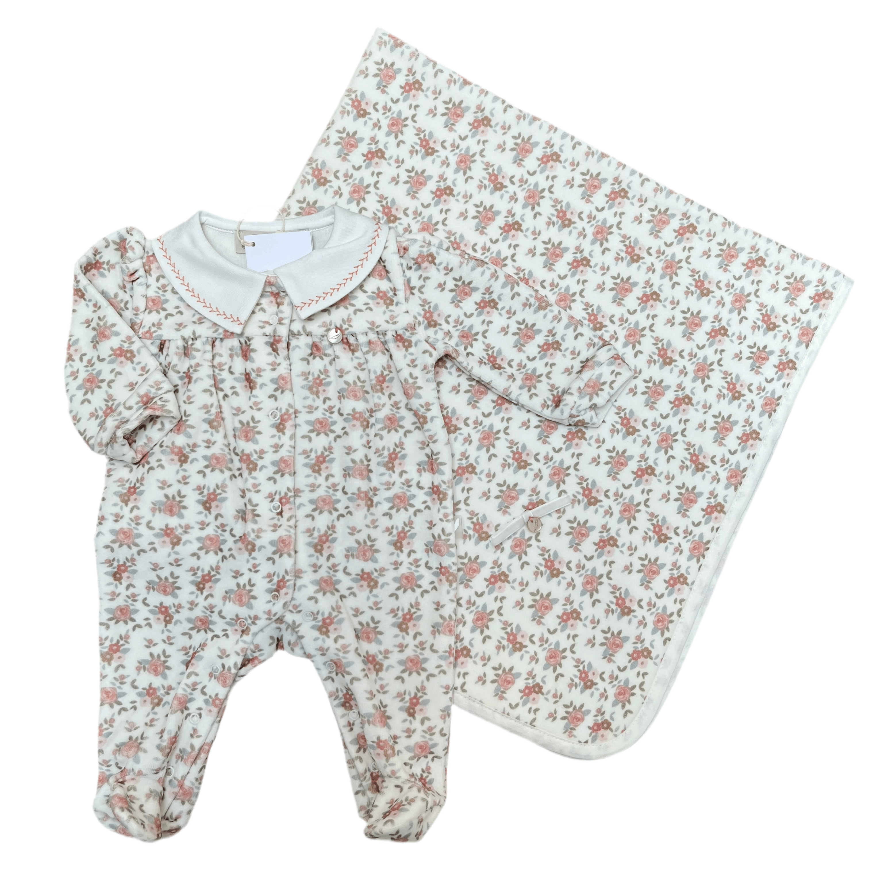 PURETÉ - Velour Floral Two Piece Baby Layette Set - Peach