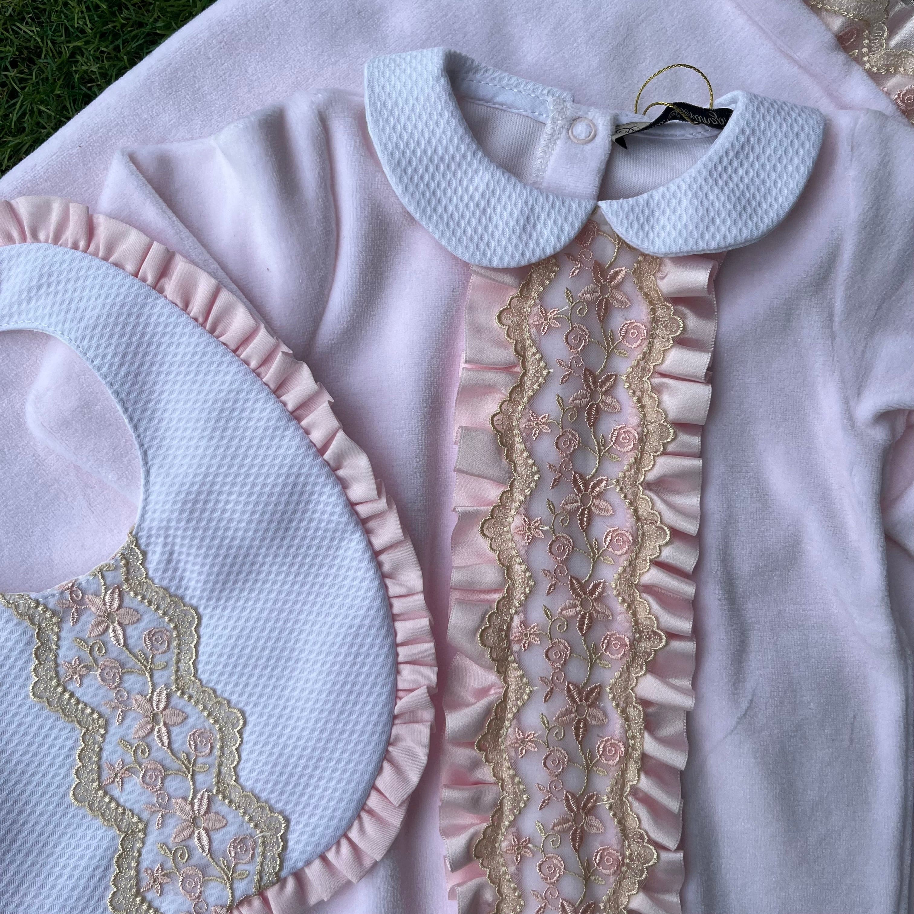 Piccola Speranza -Lace Velour Baby Layette Three Piece Set- Pink