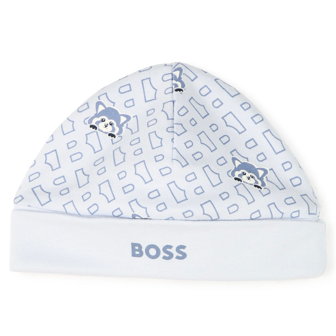 HUGO BOSS - Cotton Print Babygrow  & Hat Set -  Blue