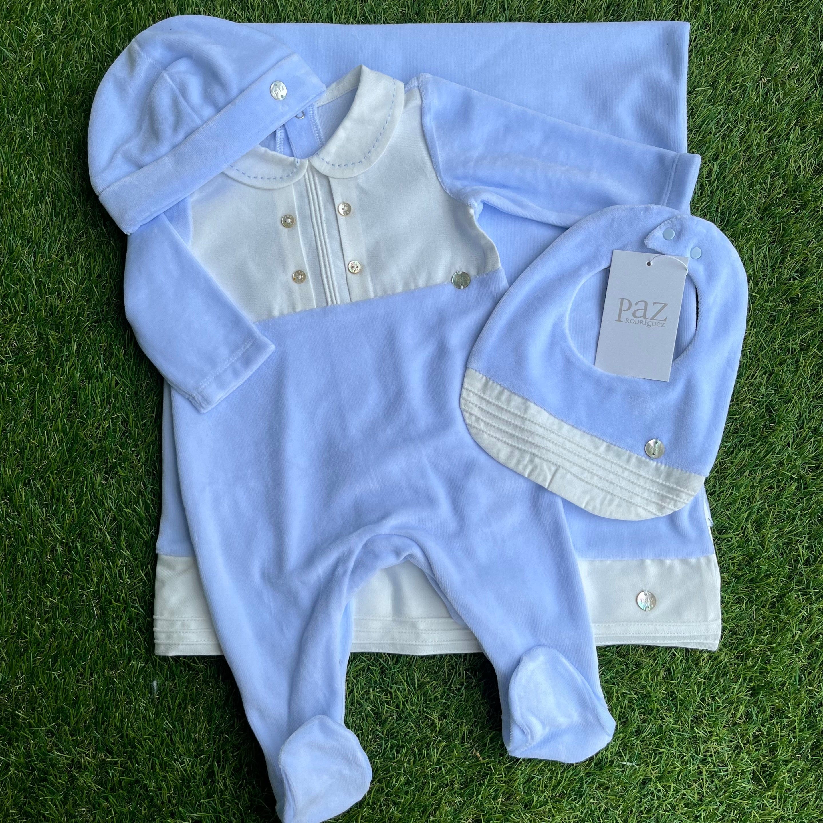 PAZ RODRIGUEZ - Peter Pan Collar Velour Baby Layette Four Piece Set - Blue