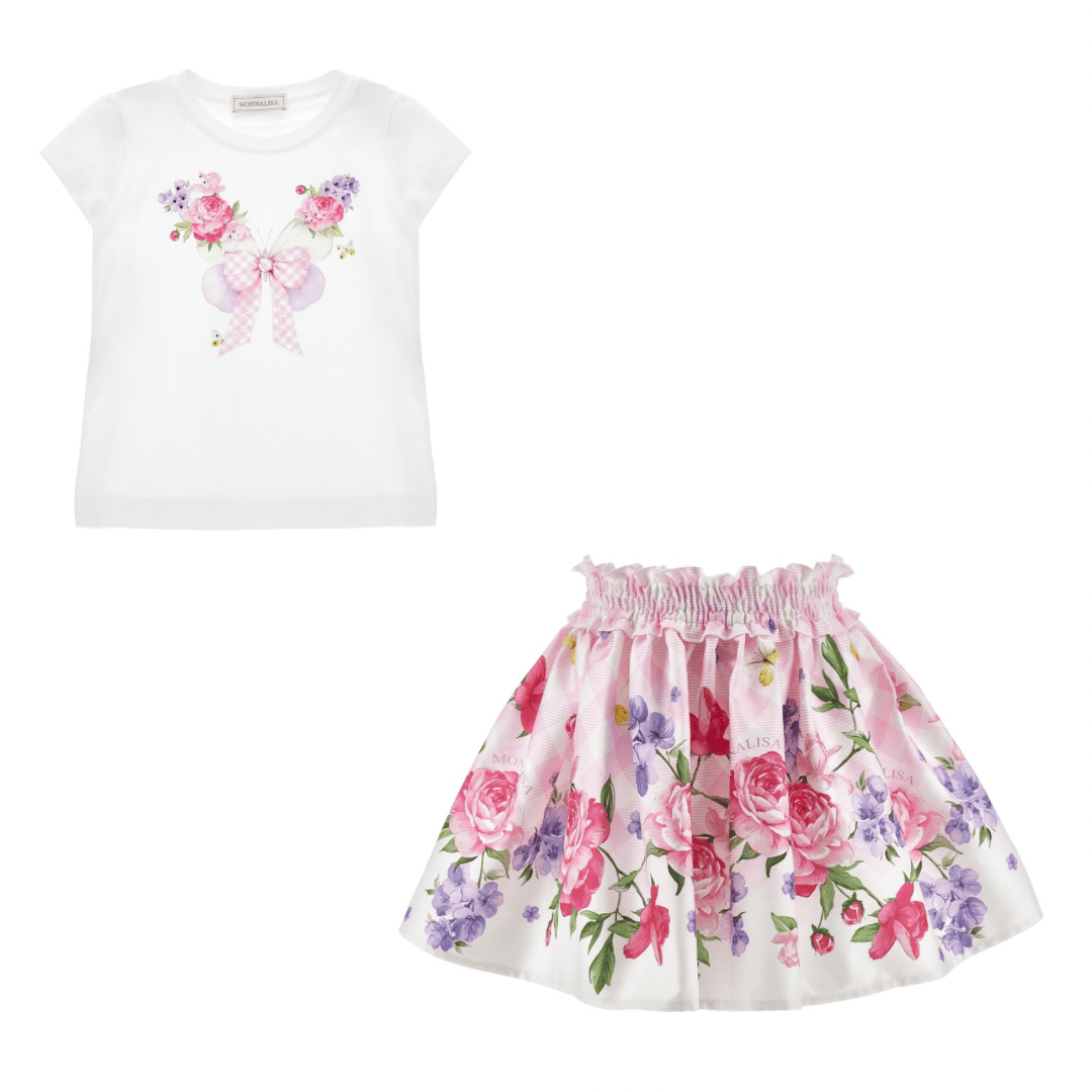 MONNALISA - Garden Party Butterfly Top & Skirt Set - Pink