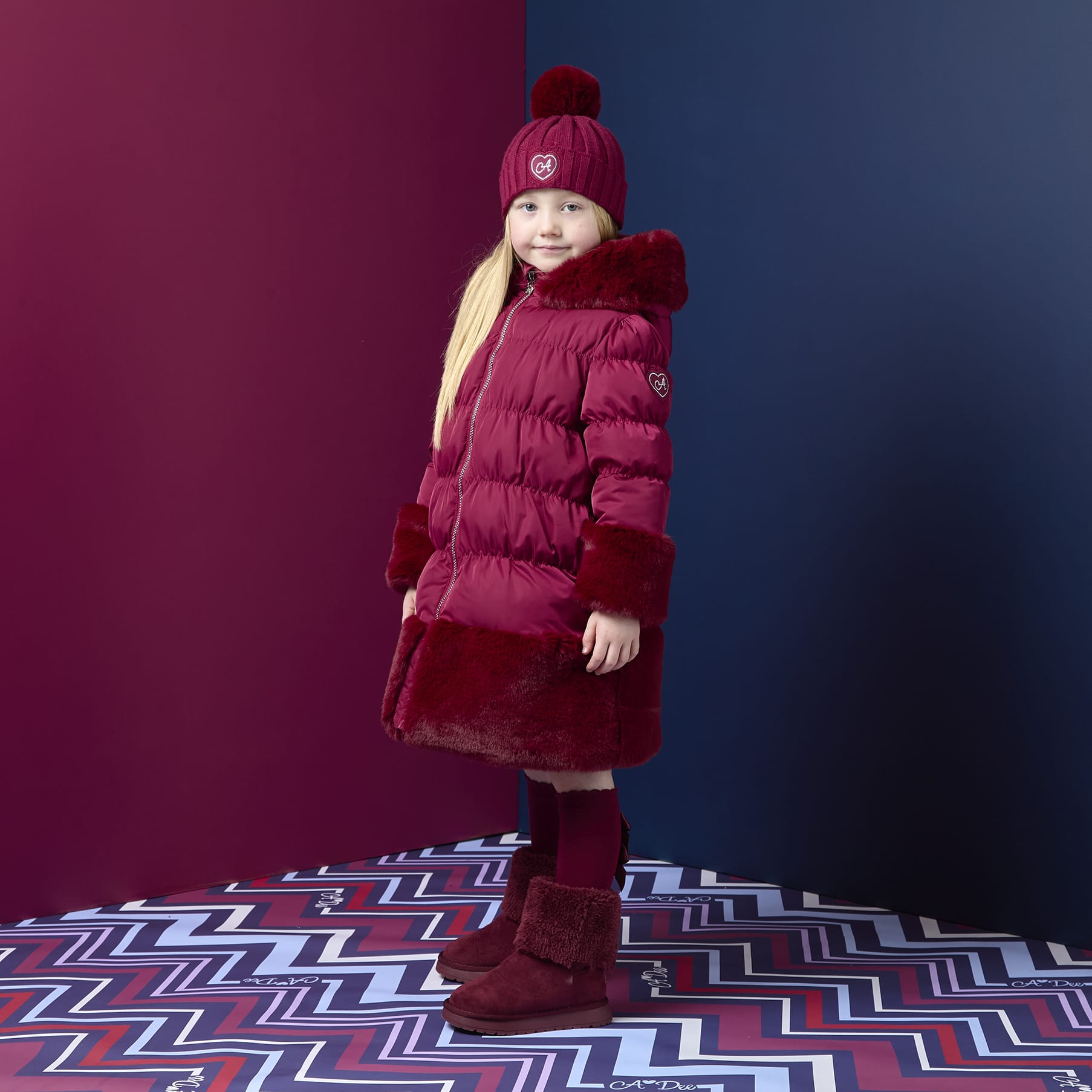 A DEE - Chevron Charm Aurora Fur Trim Jacket - Deep Cherry