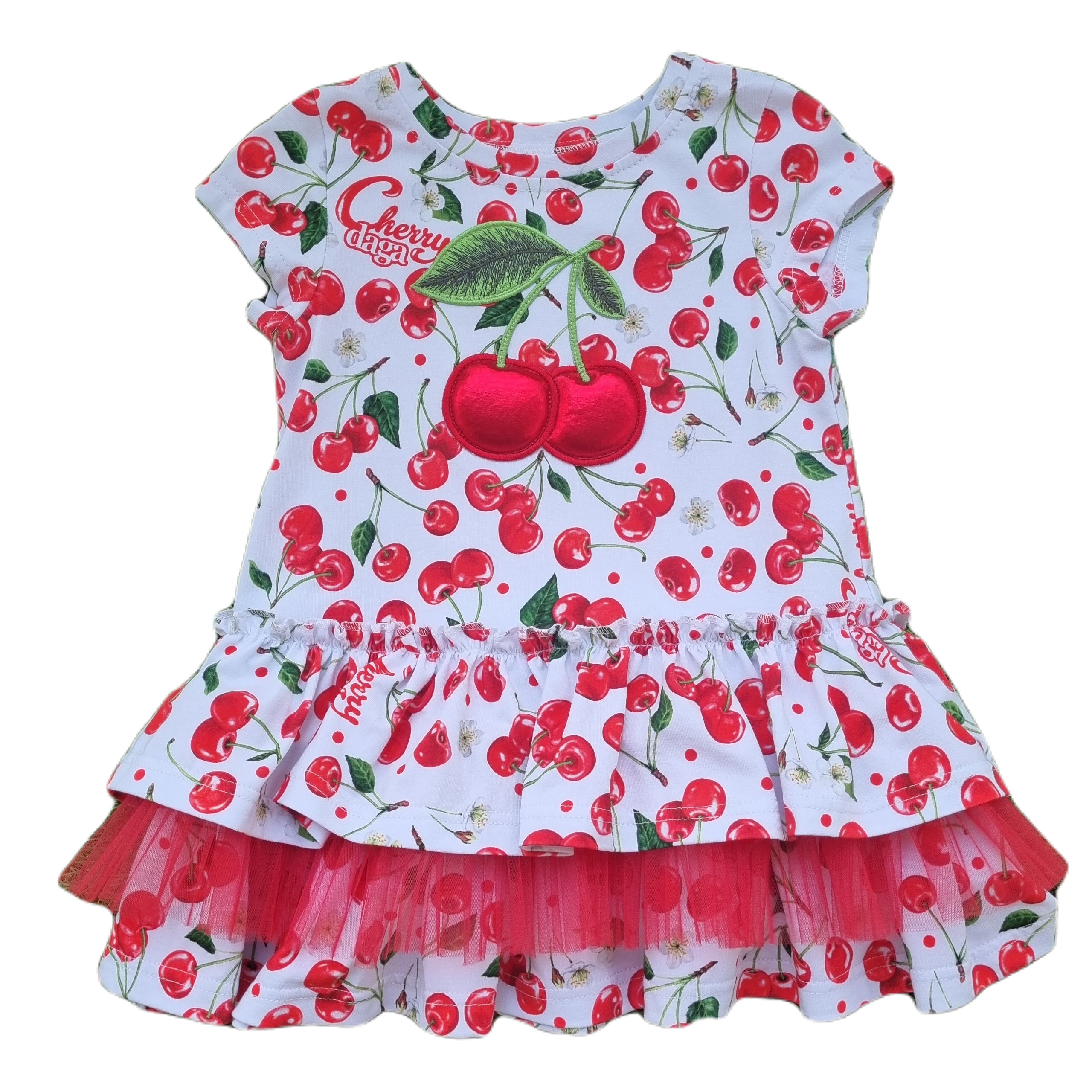 Daga - Fluffy Cherries Jersey Dress - White