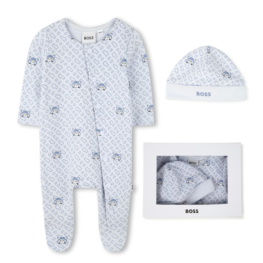 HUGO BOSS - Cotton Print Babygrow  & Hat Set -  Blue