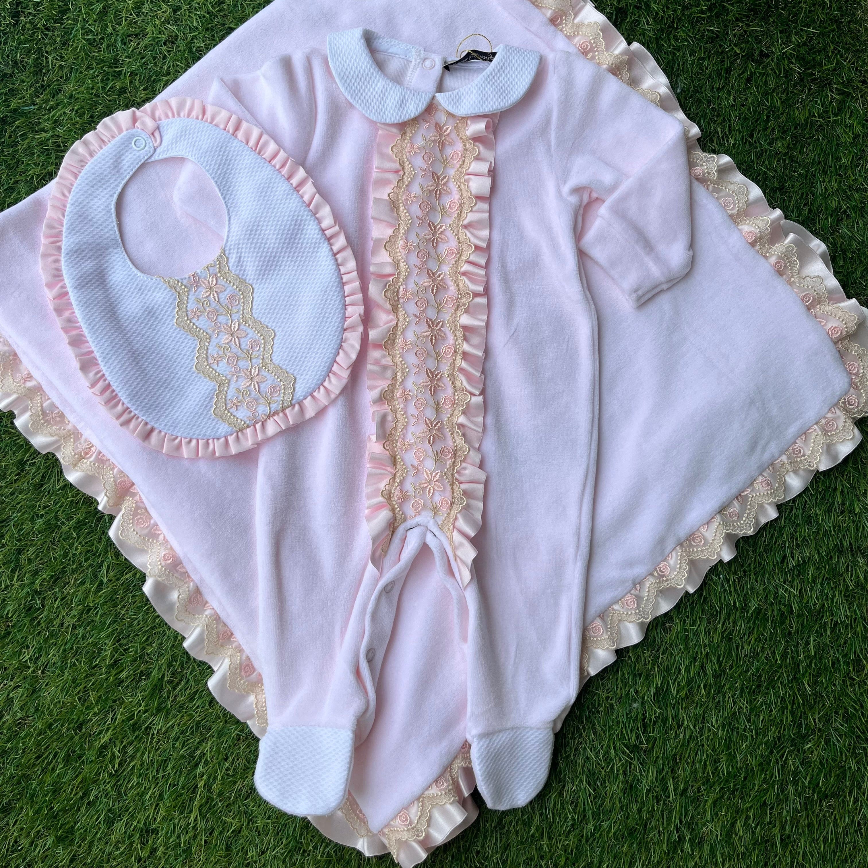 Piccola Speranza -Lace Velour Baby Layette Three Piece Set- Pink