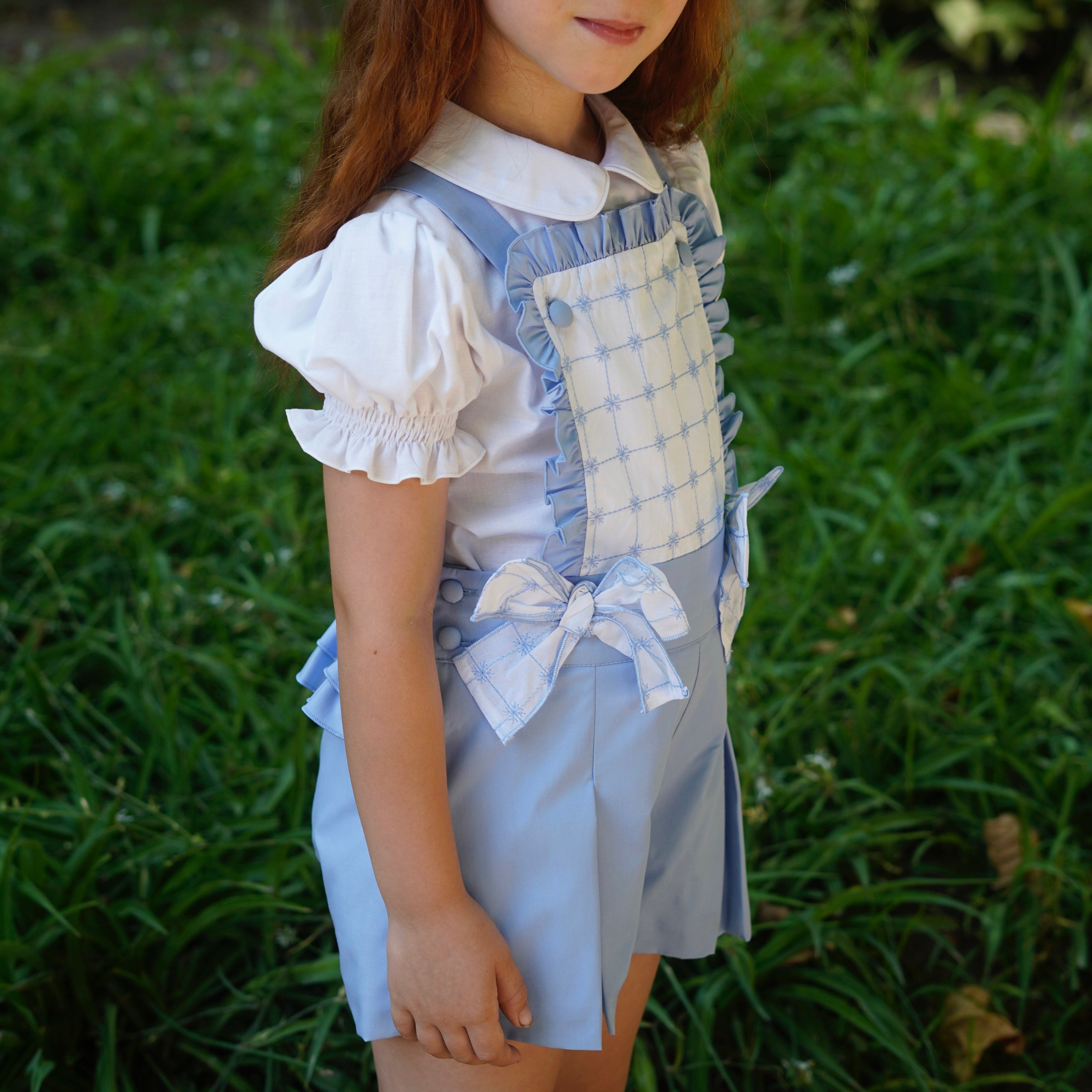 BABINE - Bow Ruffle Pinafore Playsuit & Blouse   - Blue