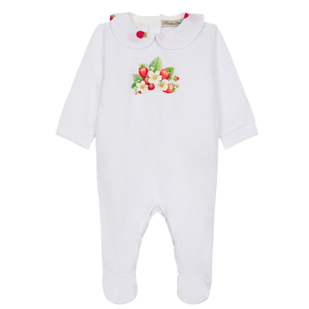 Piccola Speranza -Peter Pan collar Strawberry Babygrow - White