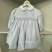 SARAH LOUISE - Peter Pan Collared  Embroidered Smock Dress- Blue