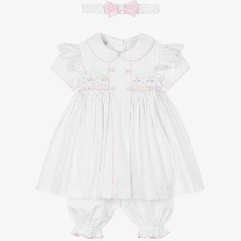 PRETTY ORIGINALS - Smocked Button Dress Set & Hairband  - White