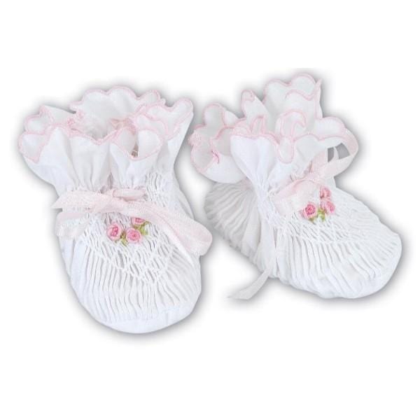 SARAH LOUISE - Smocked And Hand Embroidered Booties - White/Pink