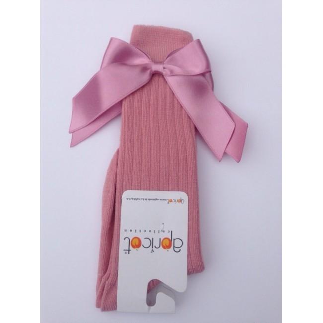 APRICOT - Ribbed Knee High Bow Sock - Dusty Pink