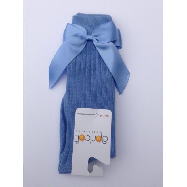 APRICOT - Ribbed Knee High Bow Socks- Dusky Blue