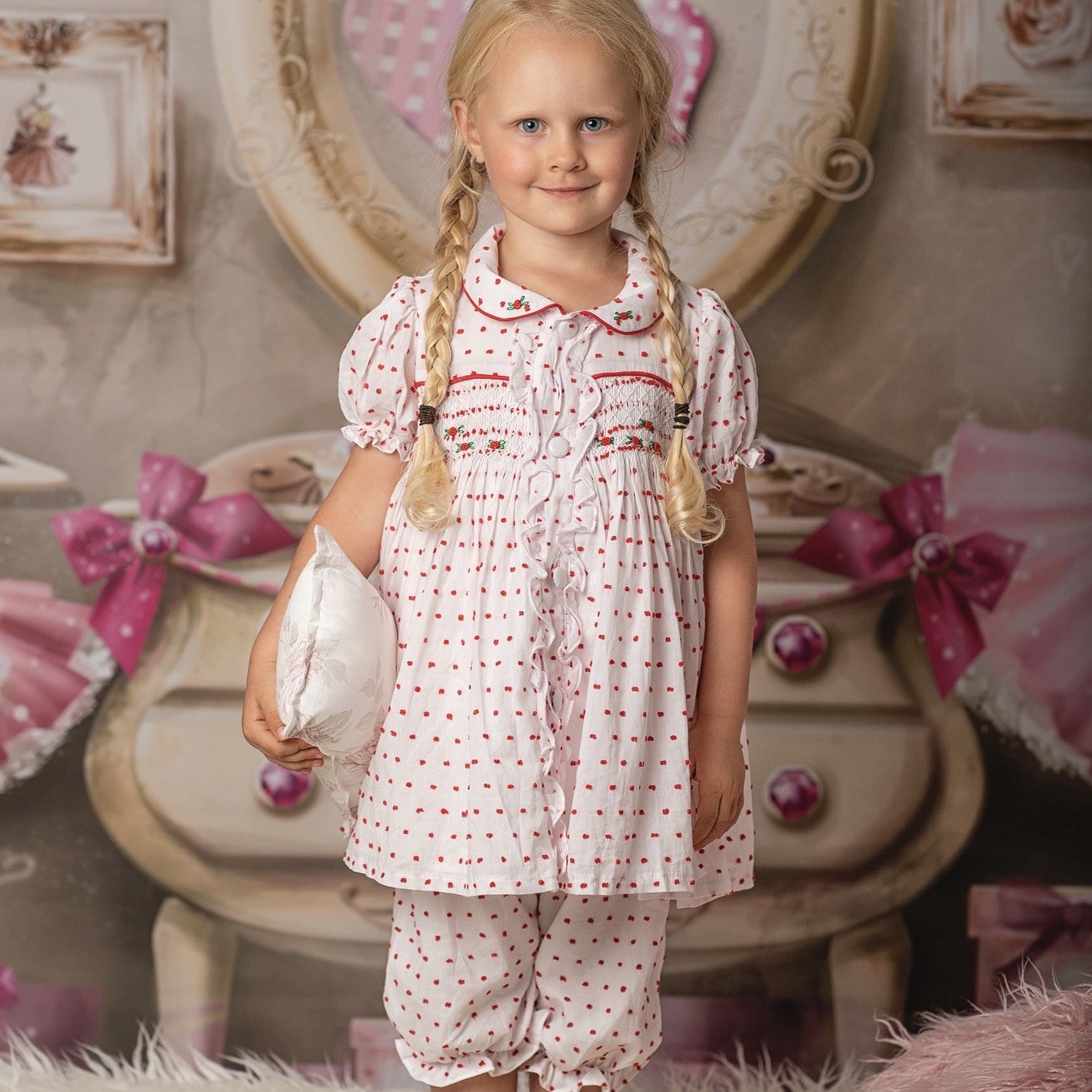 BLUEBELLS - Smocked Swiss Dot Pyjamas - Red