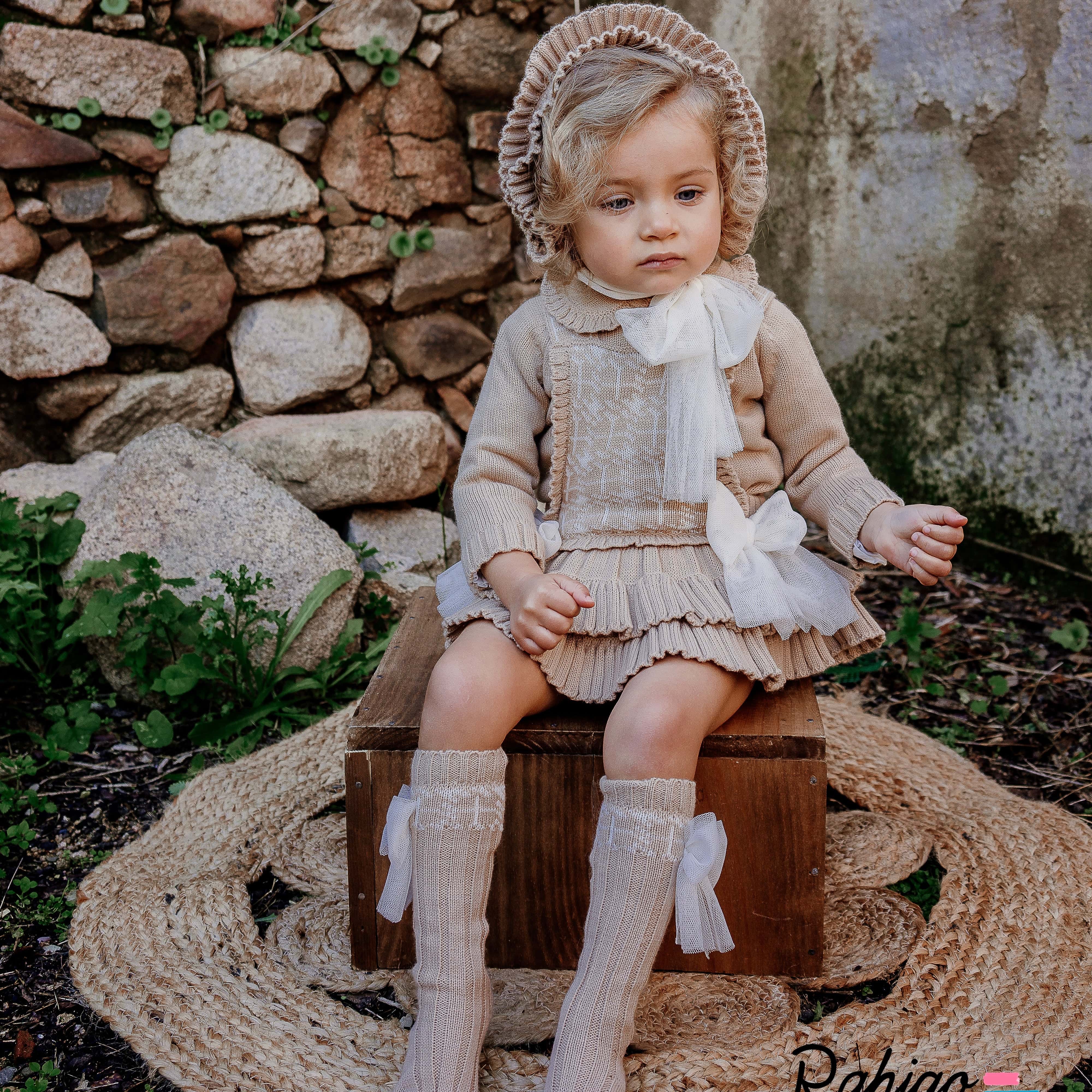 Rahigo - Three Piece Pinafore Set With Cream Tulle Bow -  Camel