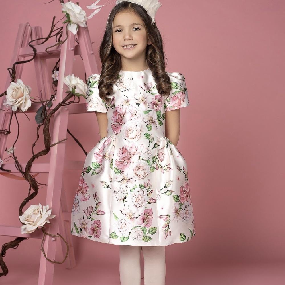 EIRENE WHITE ROSE PRINT DRESS WITH SWAROVSKI CRYSTALS