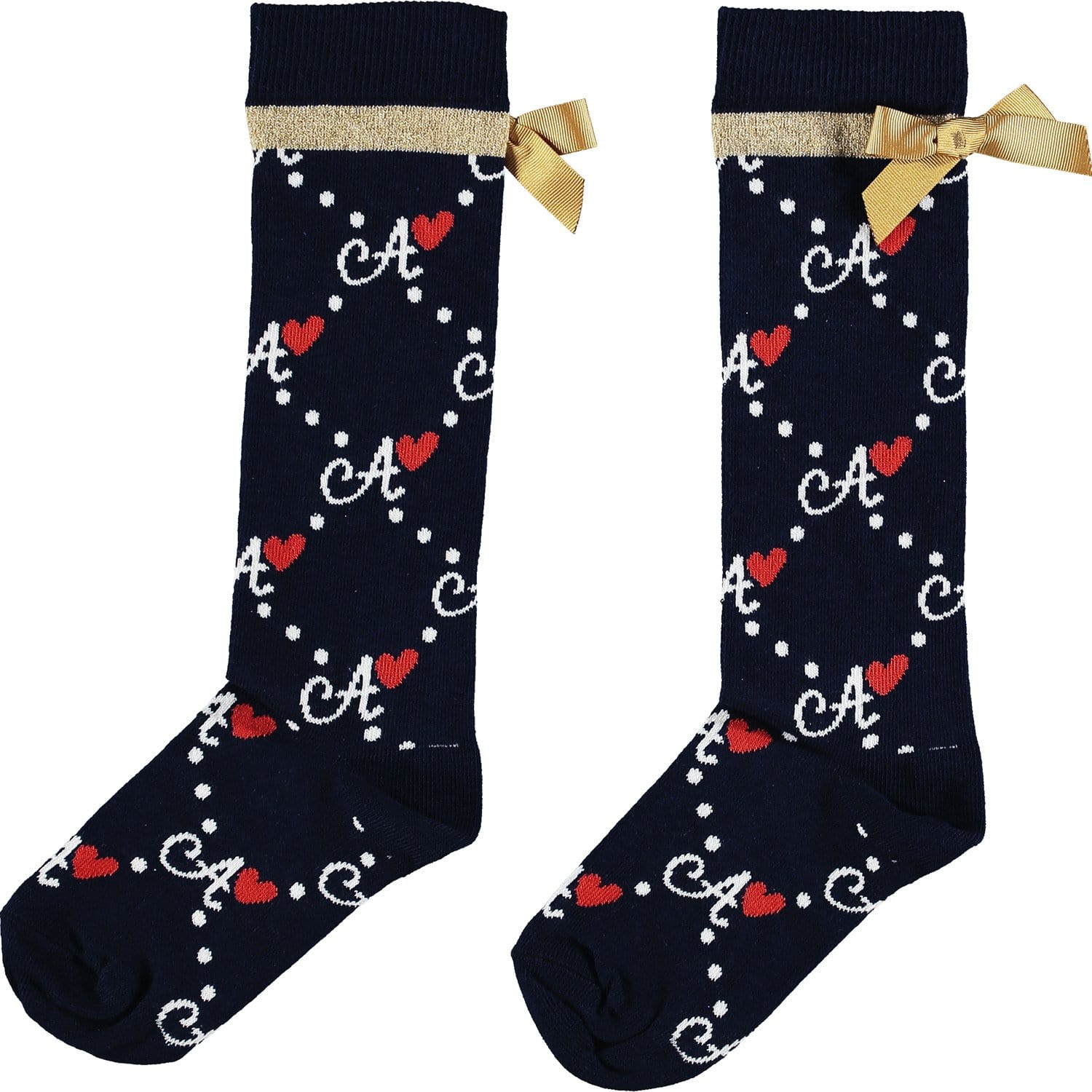 A Dee - Bow Logo Print Knee High Socks - Navy