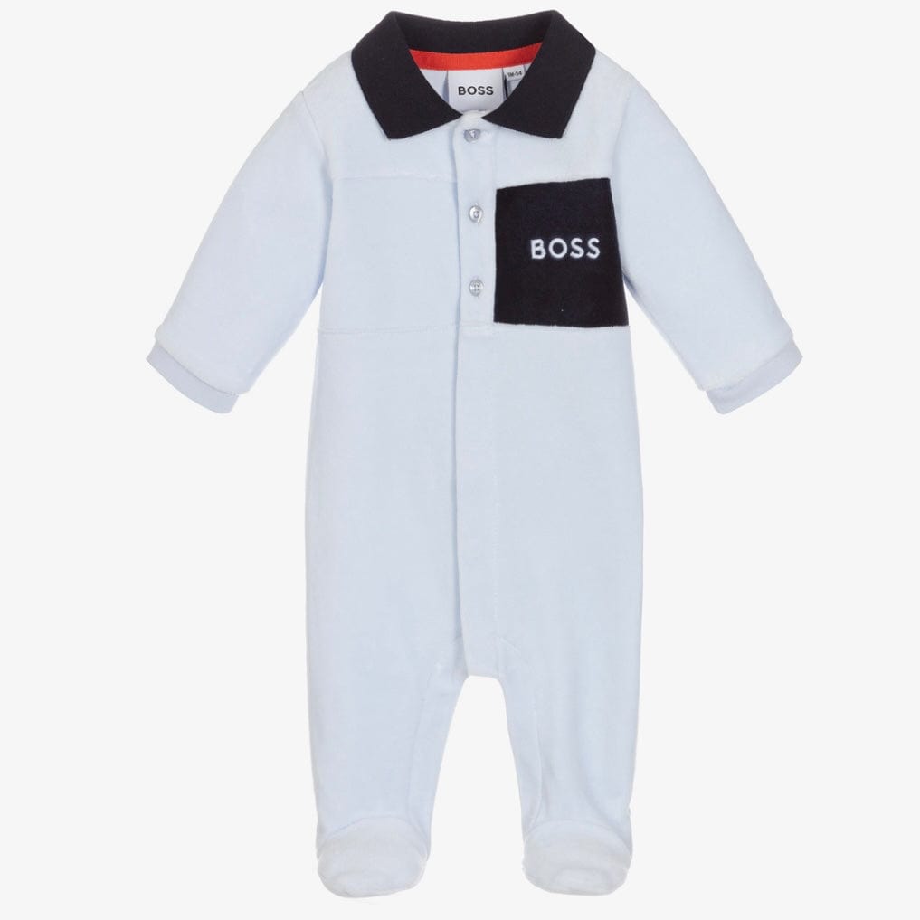 HUGO BOSS - Velour Collar Babygrow -  Blue