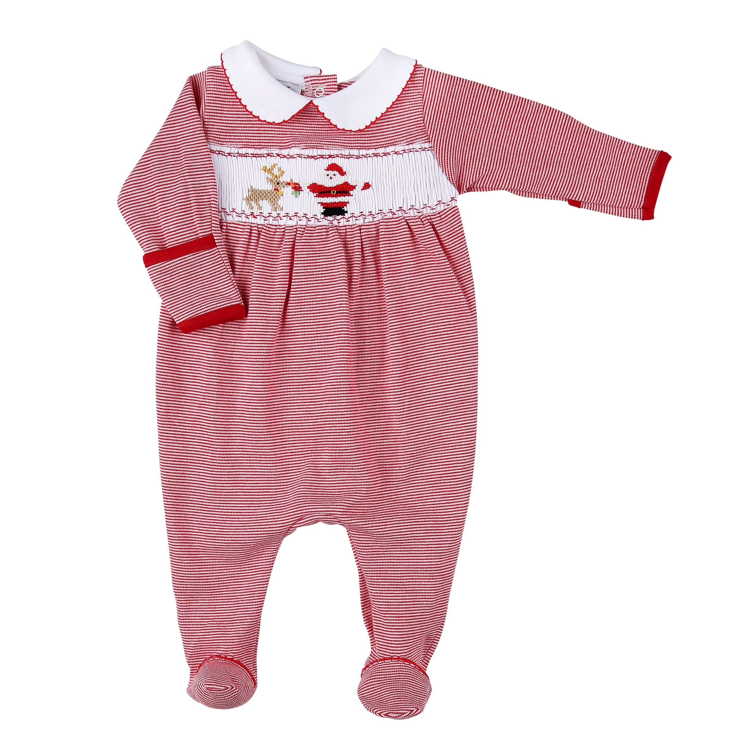 MAGNOLIA BABY - Girls Rudolph & Santa Smocked Footie - Red