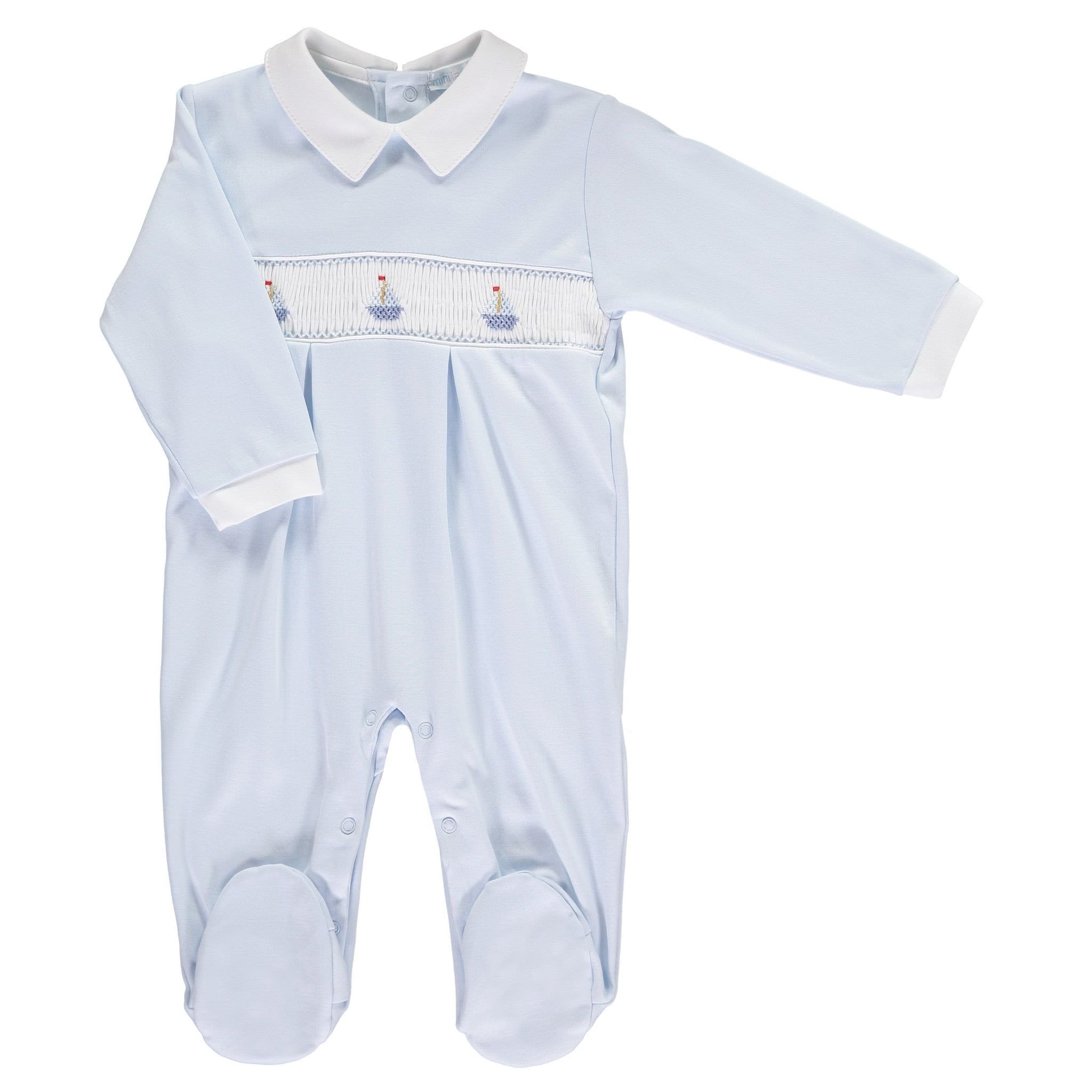 MINI-LA-MODA - Three Boats Blue Smocked Footsie - Baby Blue