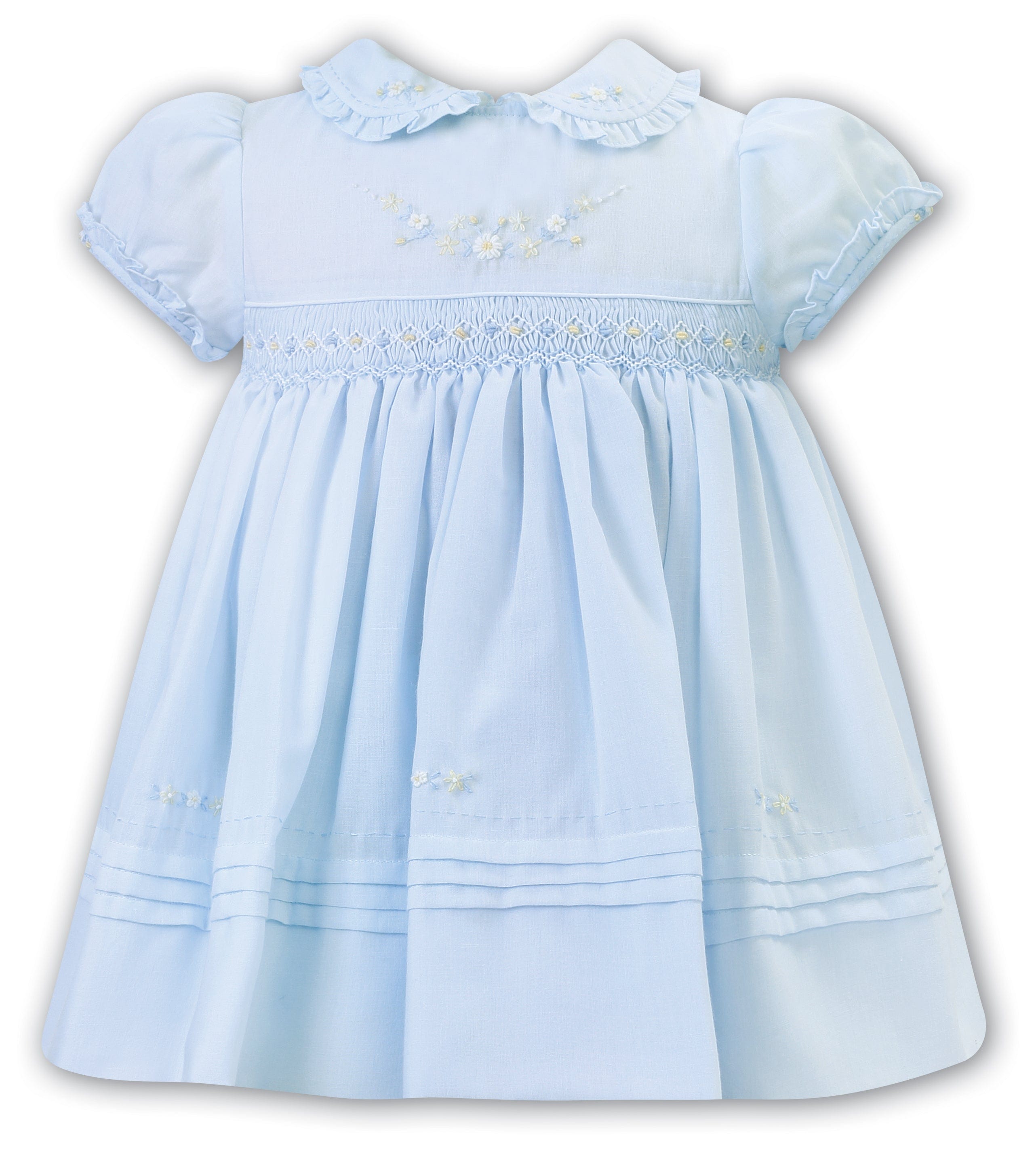 SARAH LOUISE -  Smocked Peter Pan Collar With Flower Detail Dress - Blue