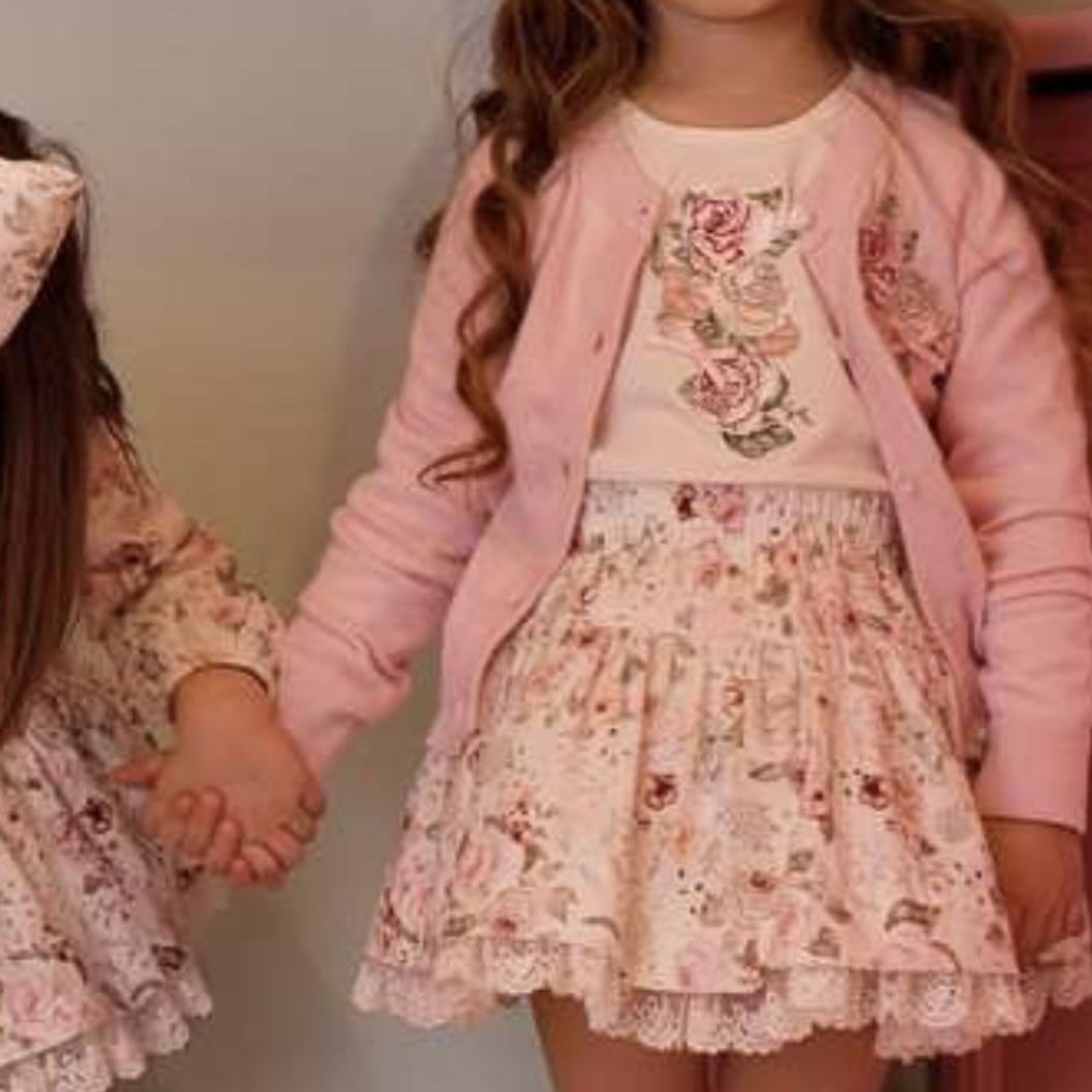 - Rose Embroidered  Three Piece Skirt Set - Pink