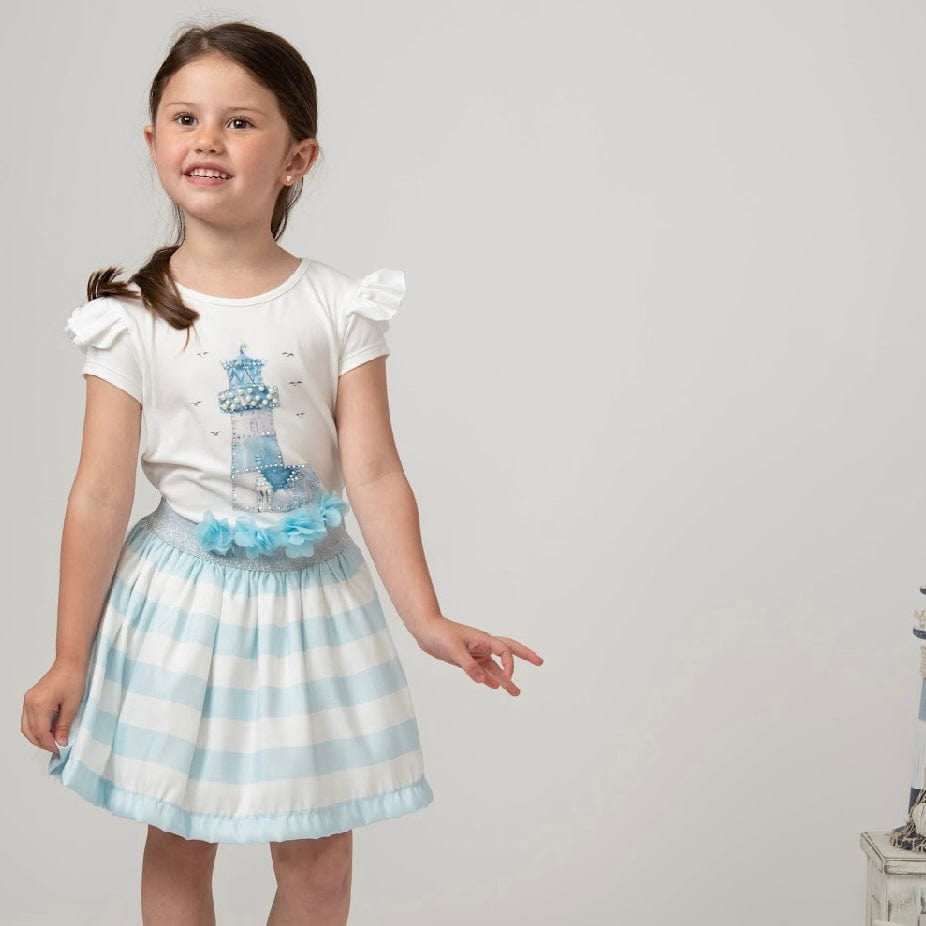 CARAMELO KIDS - Diamanté Light House Striped Skirt Set - Blue