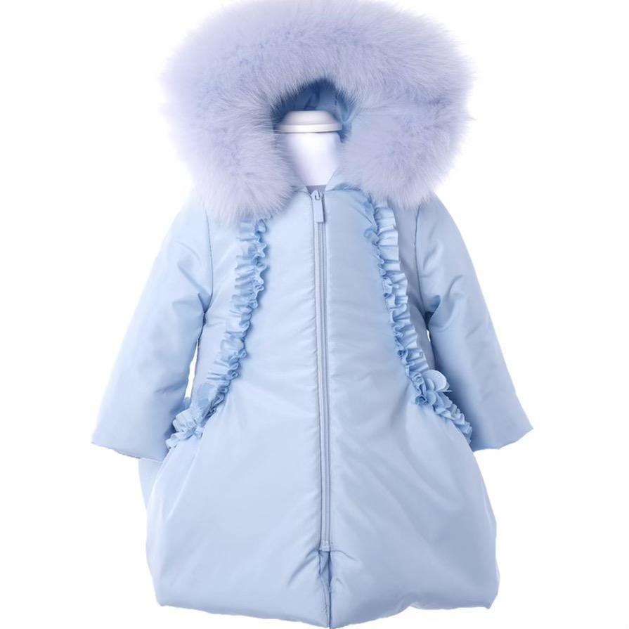 Bimbalo - Fur Trim Flower Detail Coat - Baby Blue